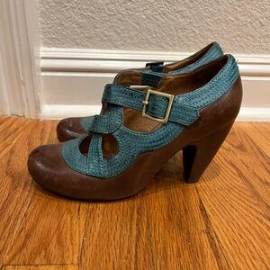 Brown and Teal Miz Mooz Heels